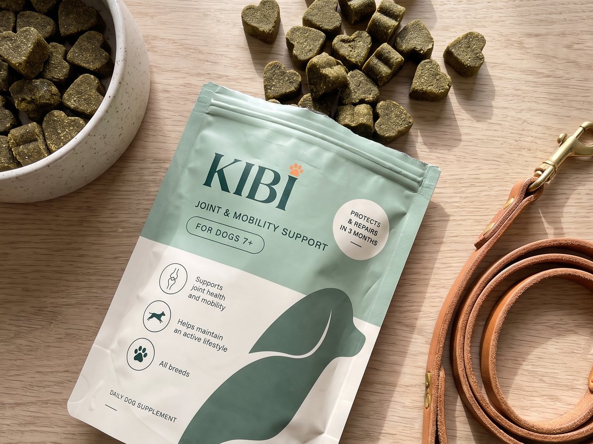 A bowl of KIBI soft chews beside the open pouch